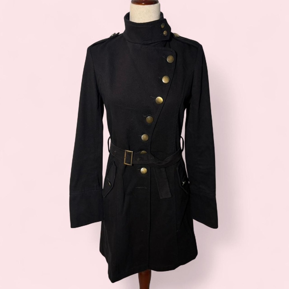 Marciano by Guess Vintage 90s Military Long Trench Coat Black Canvas Belted M